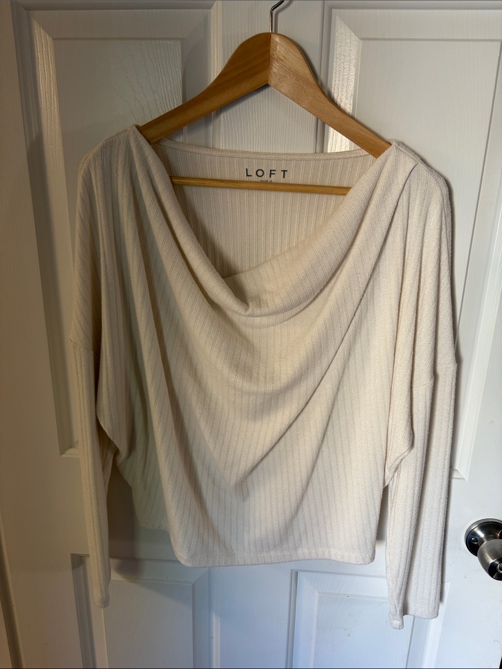 LOFT Cream Draped Ribbed Cowl Sweater